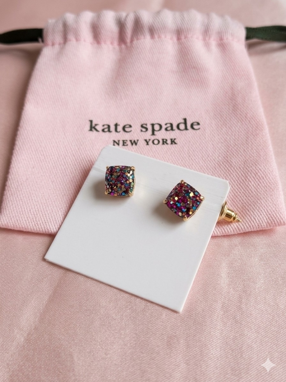 kate spade EUC Multicolor Glitter Square Stud Earrings with Pink Pouch